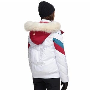 Sweaty Betty Powder Ski Puffa Jacket in white with a red hood and faux fur trim